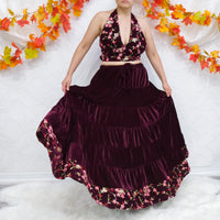 Boho Bloom Velvet Skirt Set with Hand Embroidery