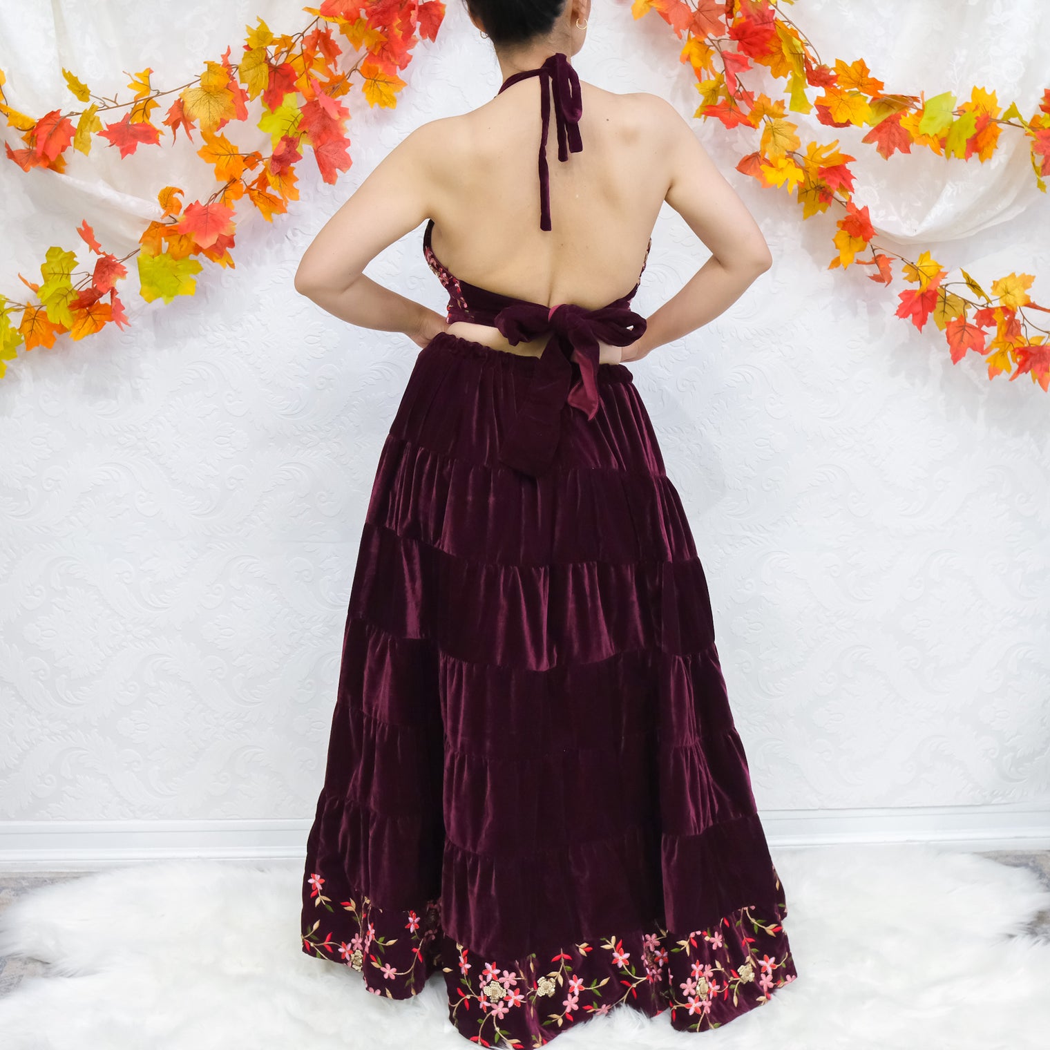 Boho Bloom Velvet Skirt Set with Hand Embroidery