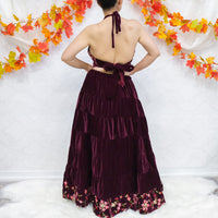 Boho Bloom Velvet Skirt Set with Hand Embroidery