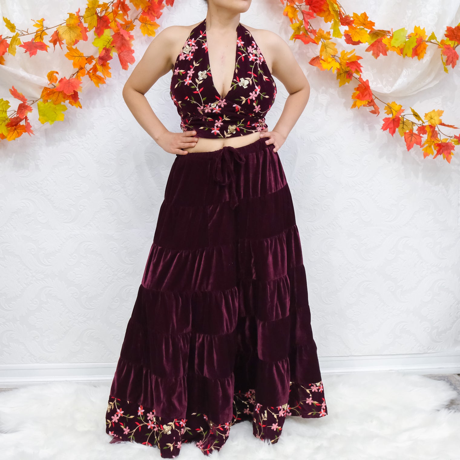 Boho Bloom Velvet Skirt Set with Hand Embroidery