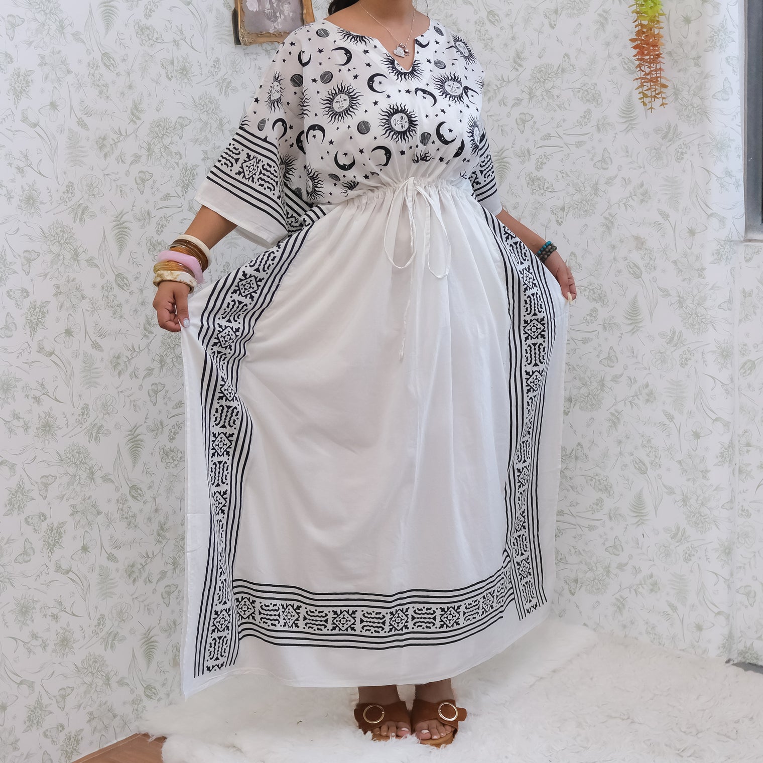 Celestial Sun & Moon Hamsa Kaftan Maxi Dress with Pockets
