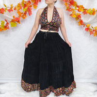 Boho Bloom Velvet Skirt Set with Hand Embroidery
