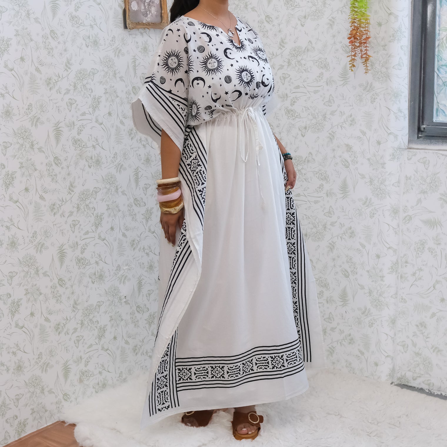 Celestial Sun & Moon Hamsa Kaftan Maxi Dress with Pockets
