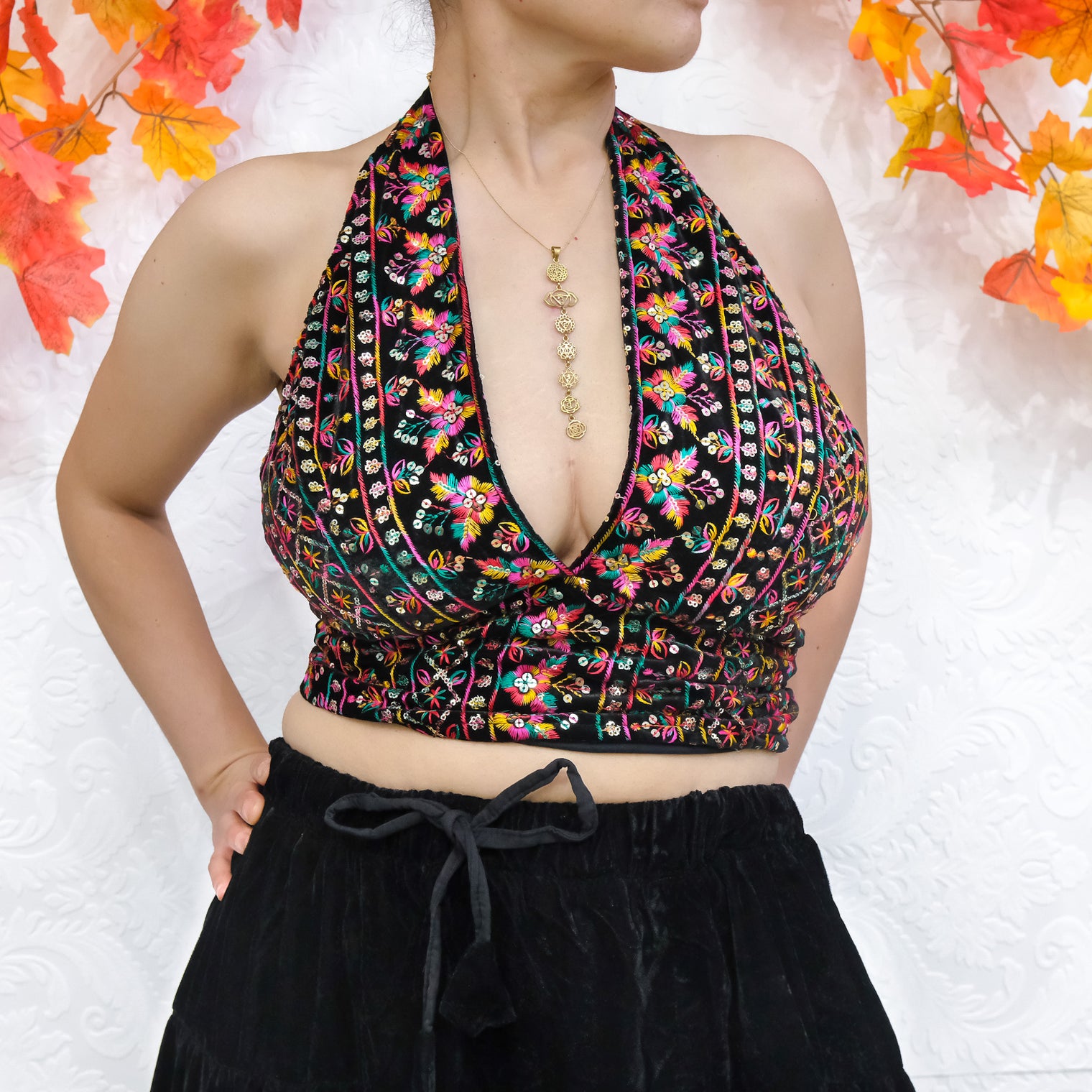 Hand Embroidery Velvet Halter Top