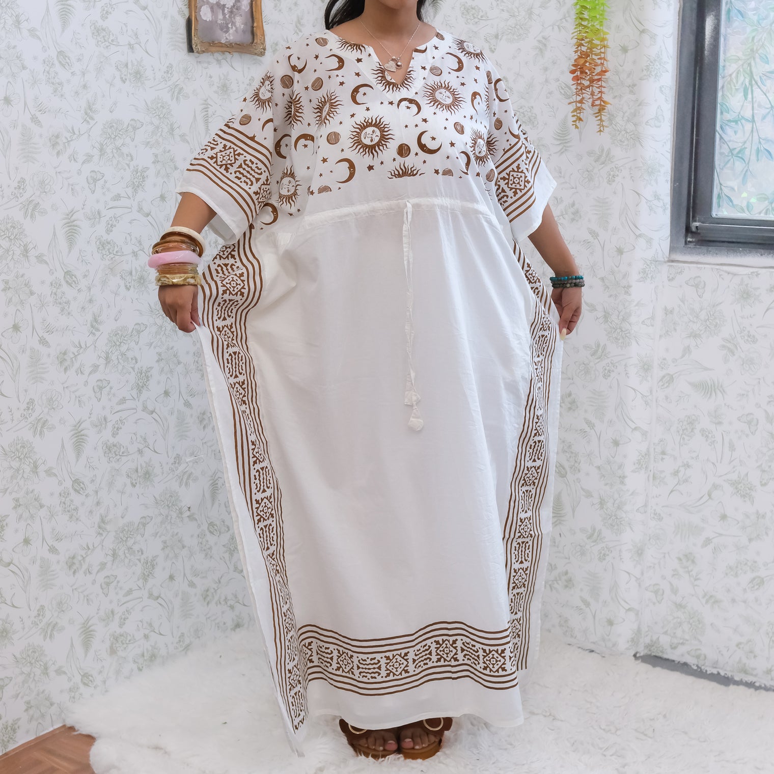 Celestial Sun & Moon Hamsa Kaftan Maxi Dress with Pockets