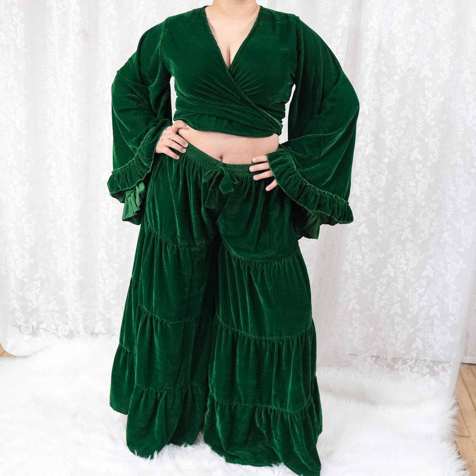 Velvet Dream Tiered Flowy Pants with Ruffle Wrap Top