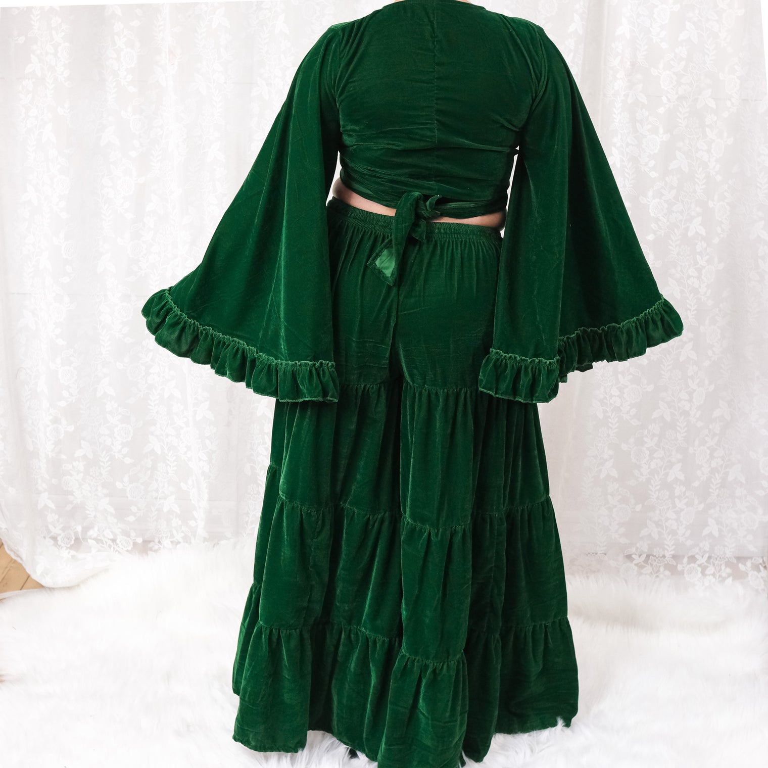 Velvet Dream Tiered Flowy Pants with Ruffle Wrap Top