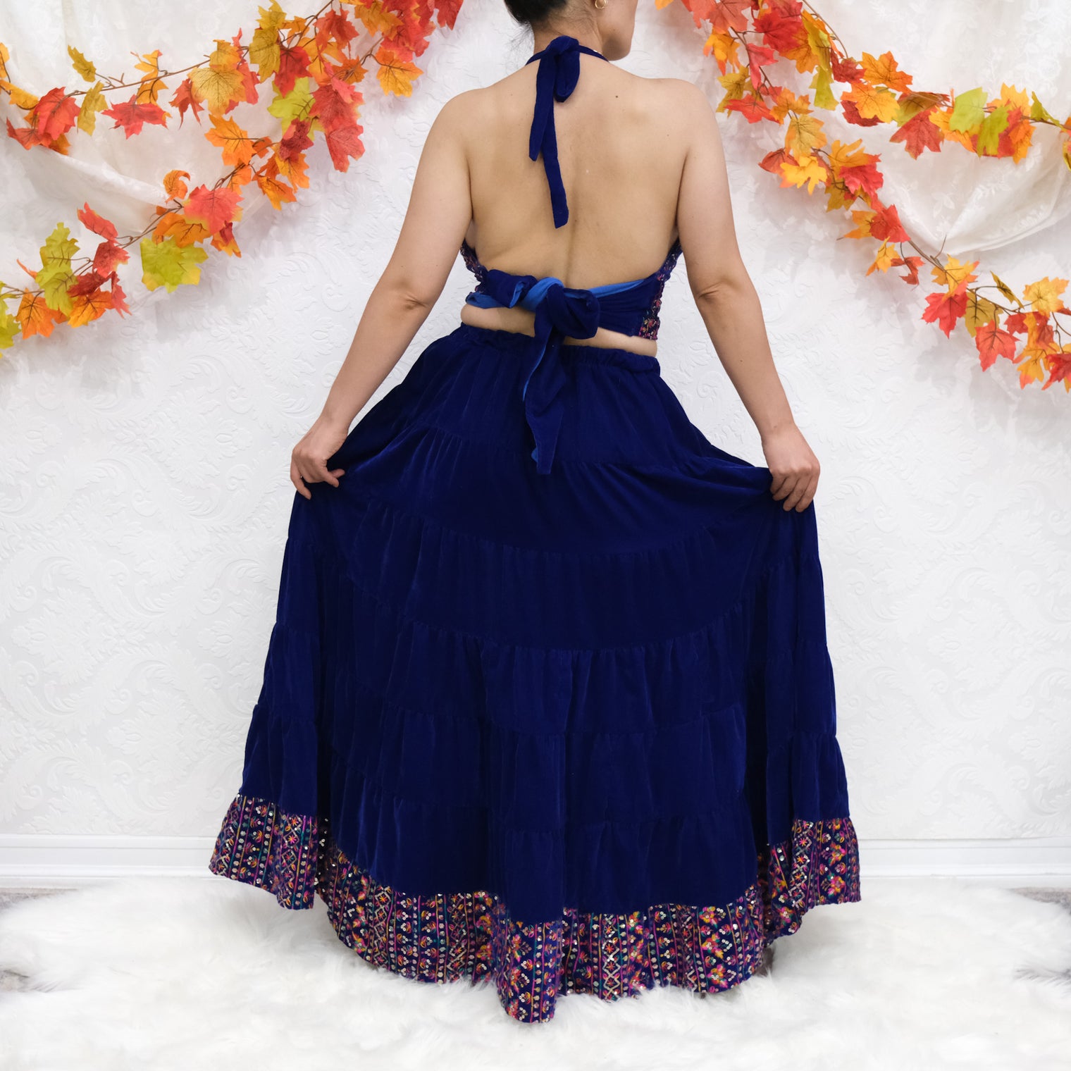 Boho Bloom Velvet Skirt Set with Hand Embroidery