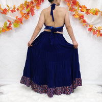 Boho Bloom Velvet Skirt Set with Hand Embroidery