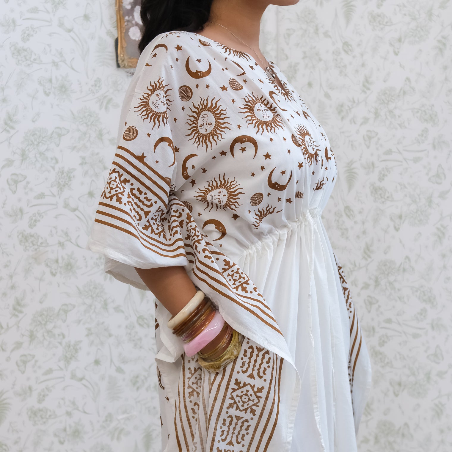 Celestial Sun & Moon Hamsa Kaftan Maxi Dress with Pockets
