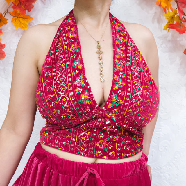Hand Embroidery Velvet Halter Top