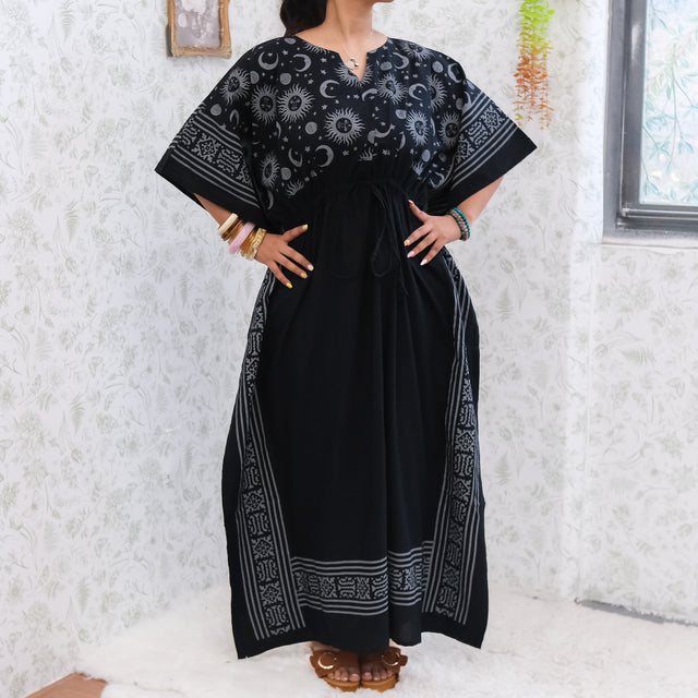Celestial Sun & Moon Hamsa Kaftan Maxi Dress with Pockets