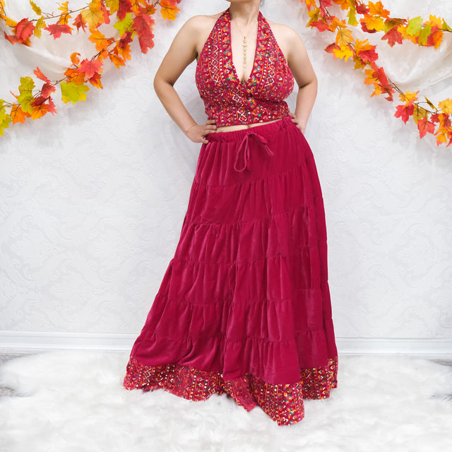 Boho Bloom Velvet Skirt Set with Hand Embroidery