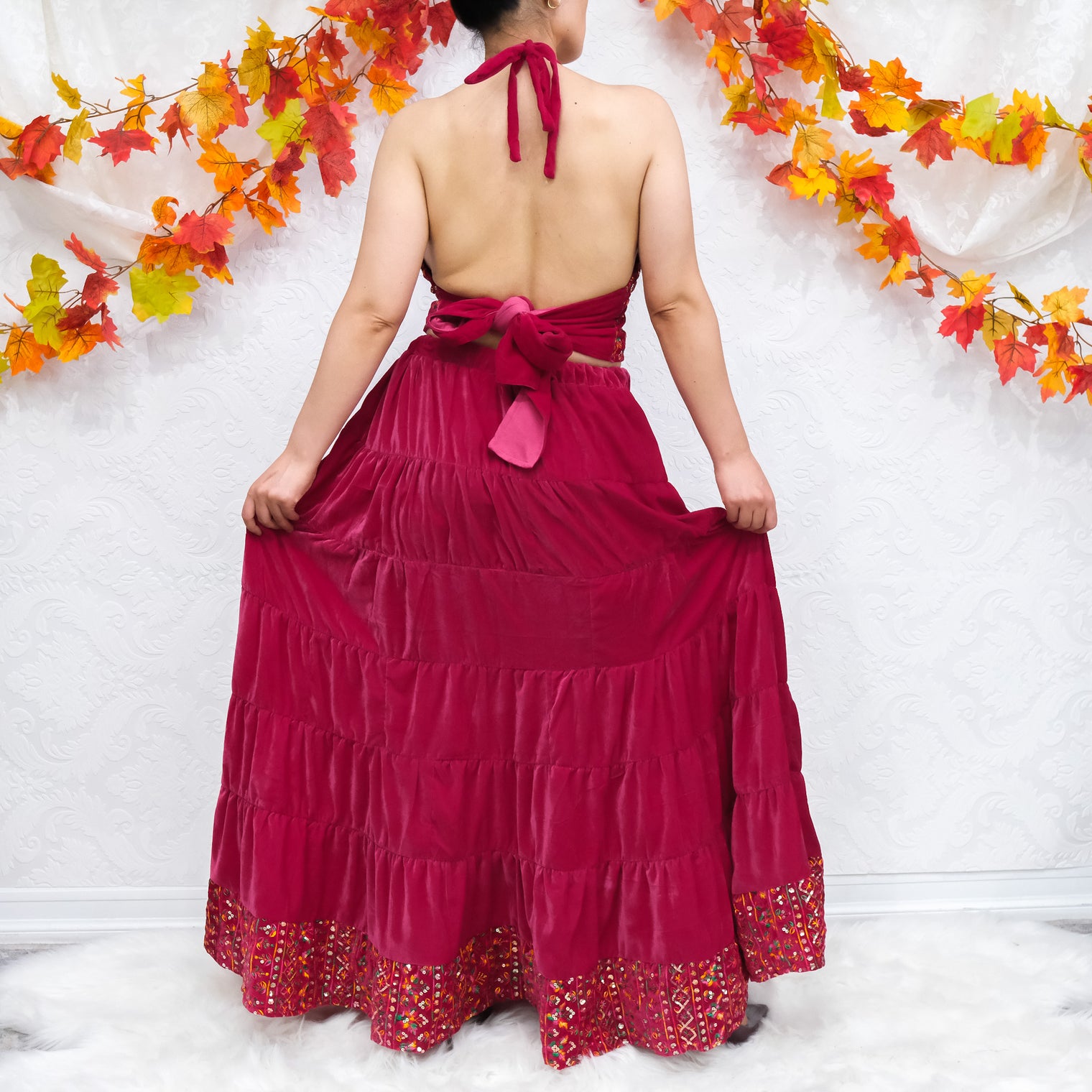 Boho Bloom Velvet Skirt Set with Hand Embroidery
