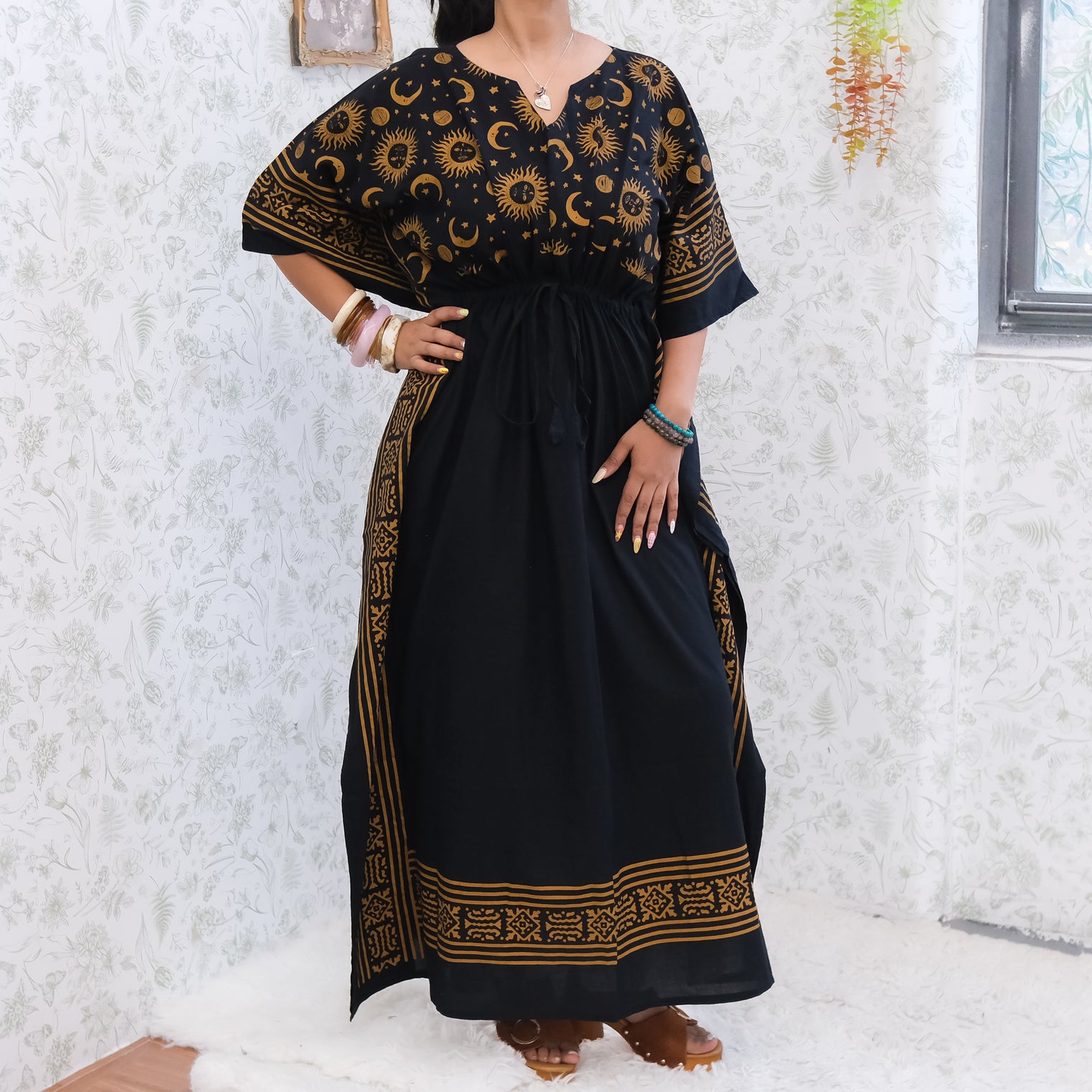 Celestial Sun & Moon Hamsa Kaftan Maxi Dress with Pockets