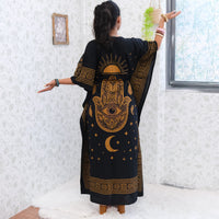 Celestial Sun & Moon Hamsa Kaftan Maxi Dress with Pockets