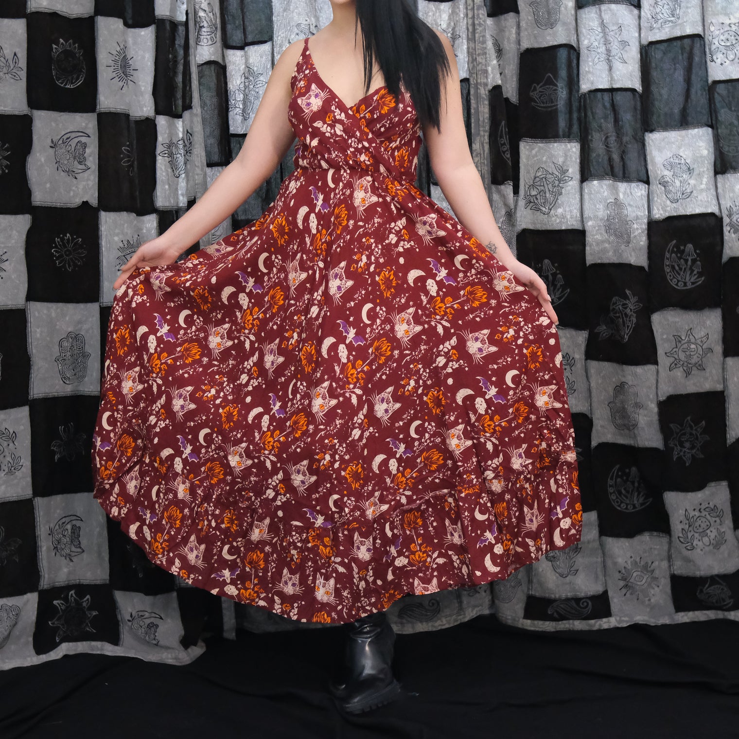 Mystic Familiar Flowy Boho Maxi Dress | Witchy Cat & Bat Print Summer Dress Black / One size Mystic Familiar Flowy Boho Maxi Dress | Witchy Cat & Bat Print Summer Dress Black / One size