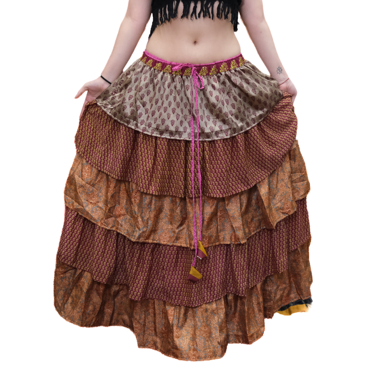 One-of-a-Kind Recycled Sari Tiered Maxi Skirt