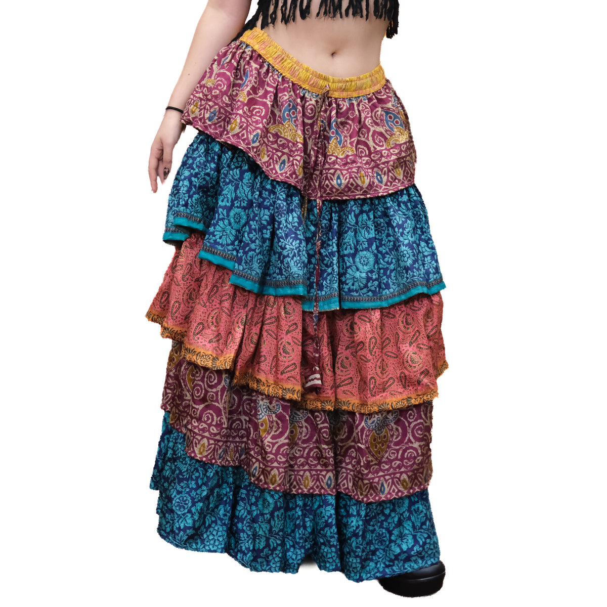 One-of-a-Kind Recycled Sari Tiered Maxi Skirt
