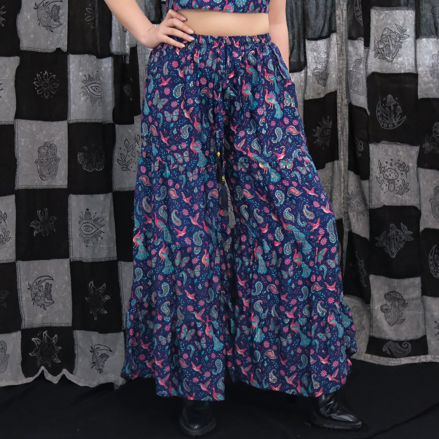 Whimsical Paisley Peacock Tiered Palazzo Pants