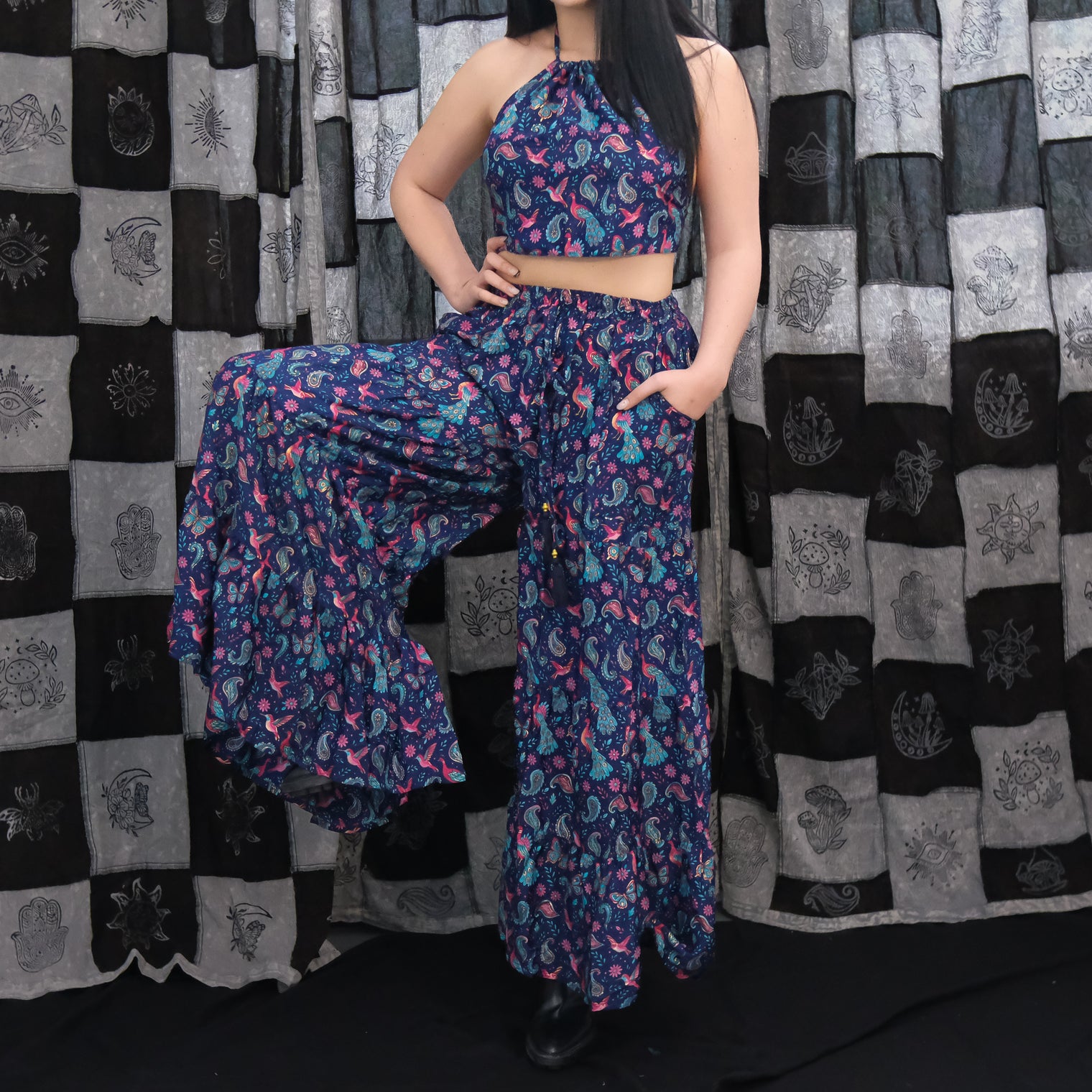 Floral Paisley Tiered Palazzo Pants with Halter Top Set