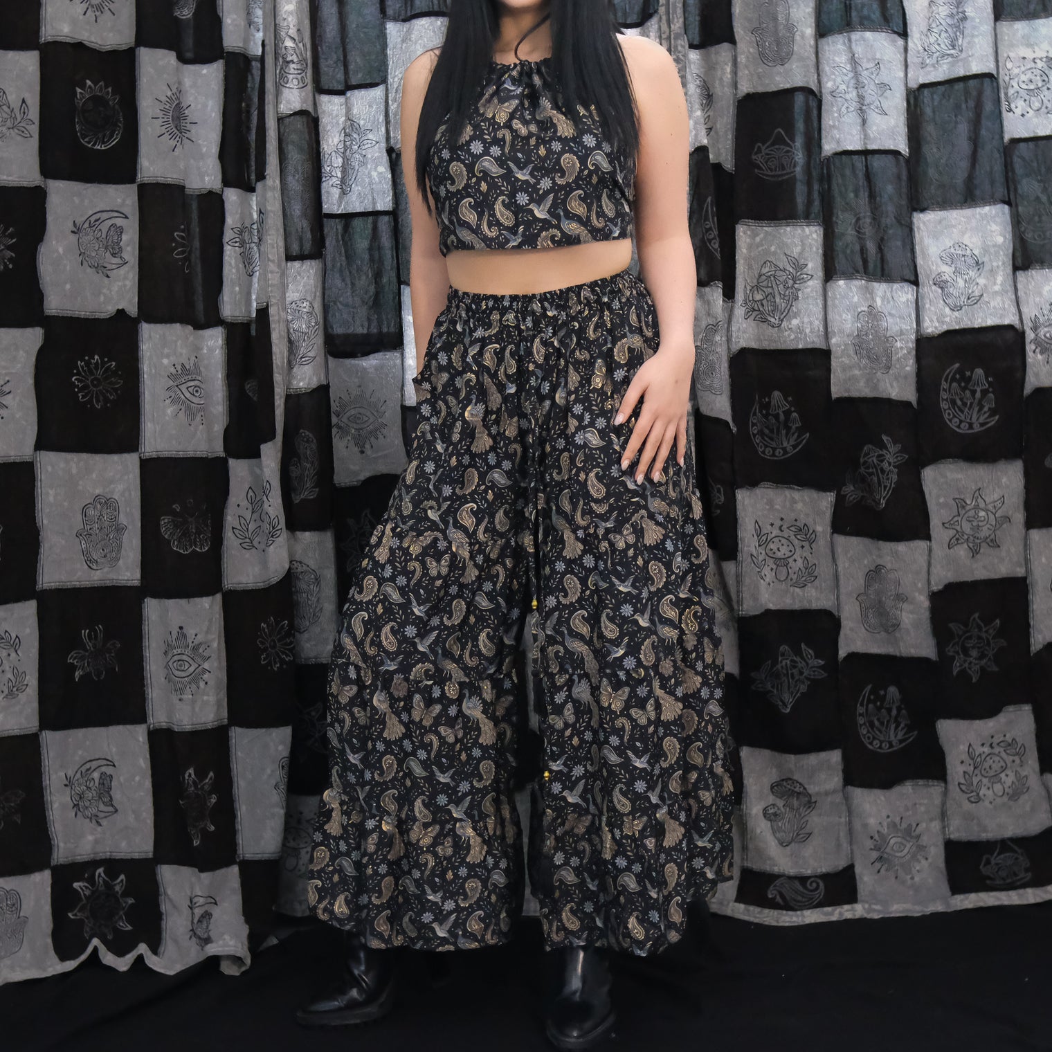 Floral Paisley Tiered Palazzo Pants with Halter Top Set