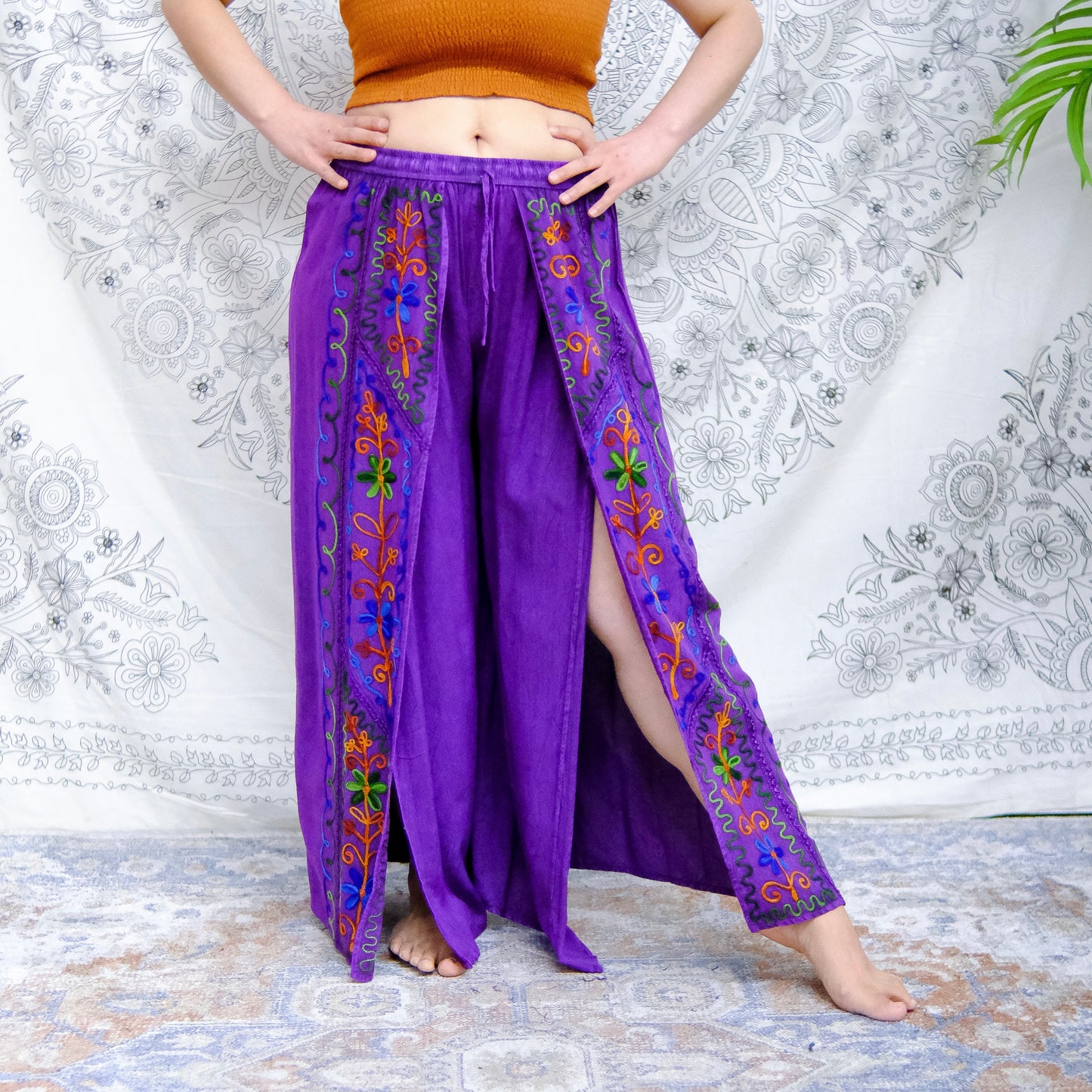 Flowy High Slit Embroidery Cotton Palazzo Pants