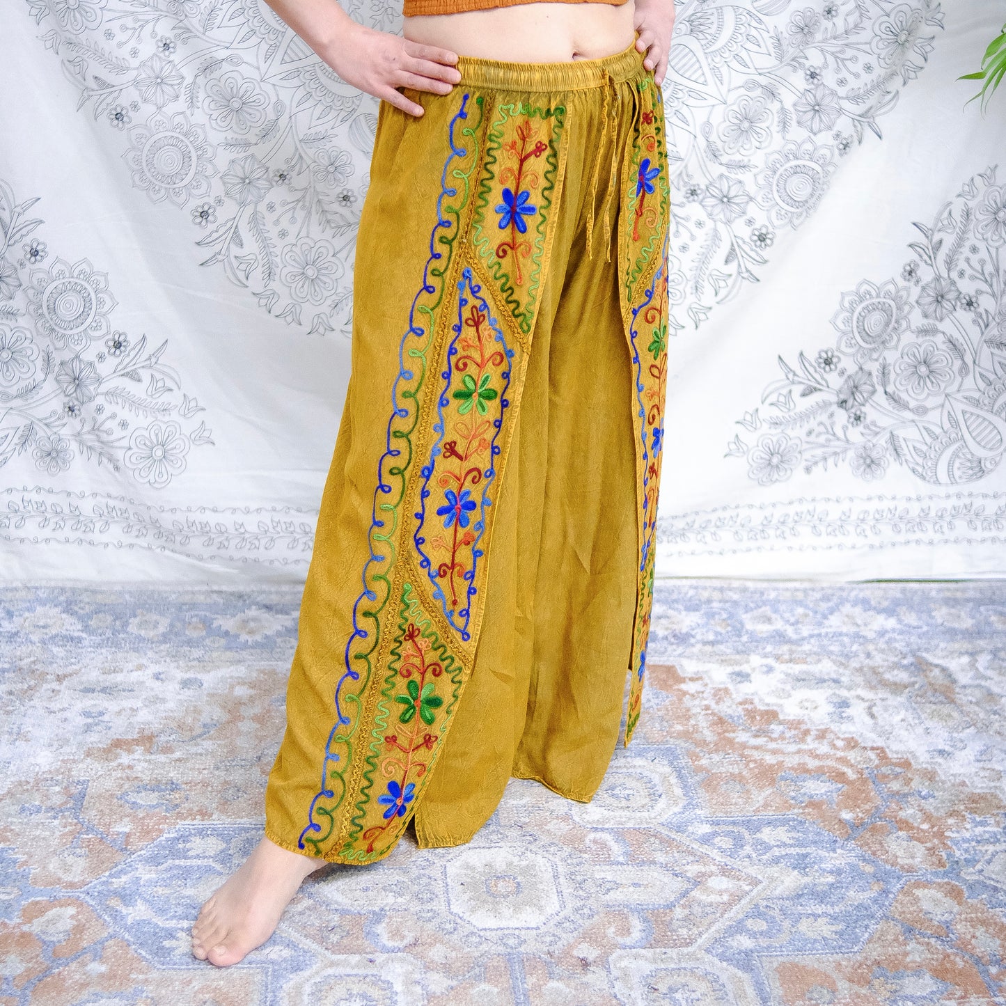Flowy High Slit Embroidery Cotton Palazzo Pants