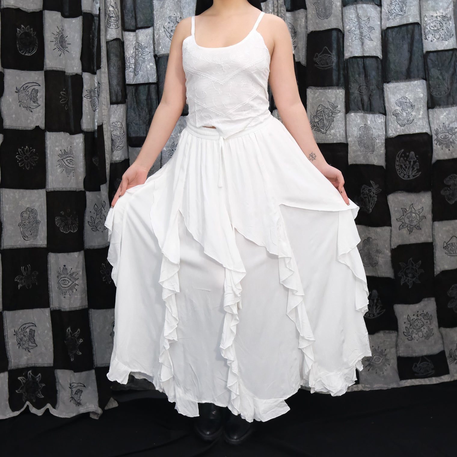 Flared Grunge Flowy Maxi Skirt White