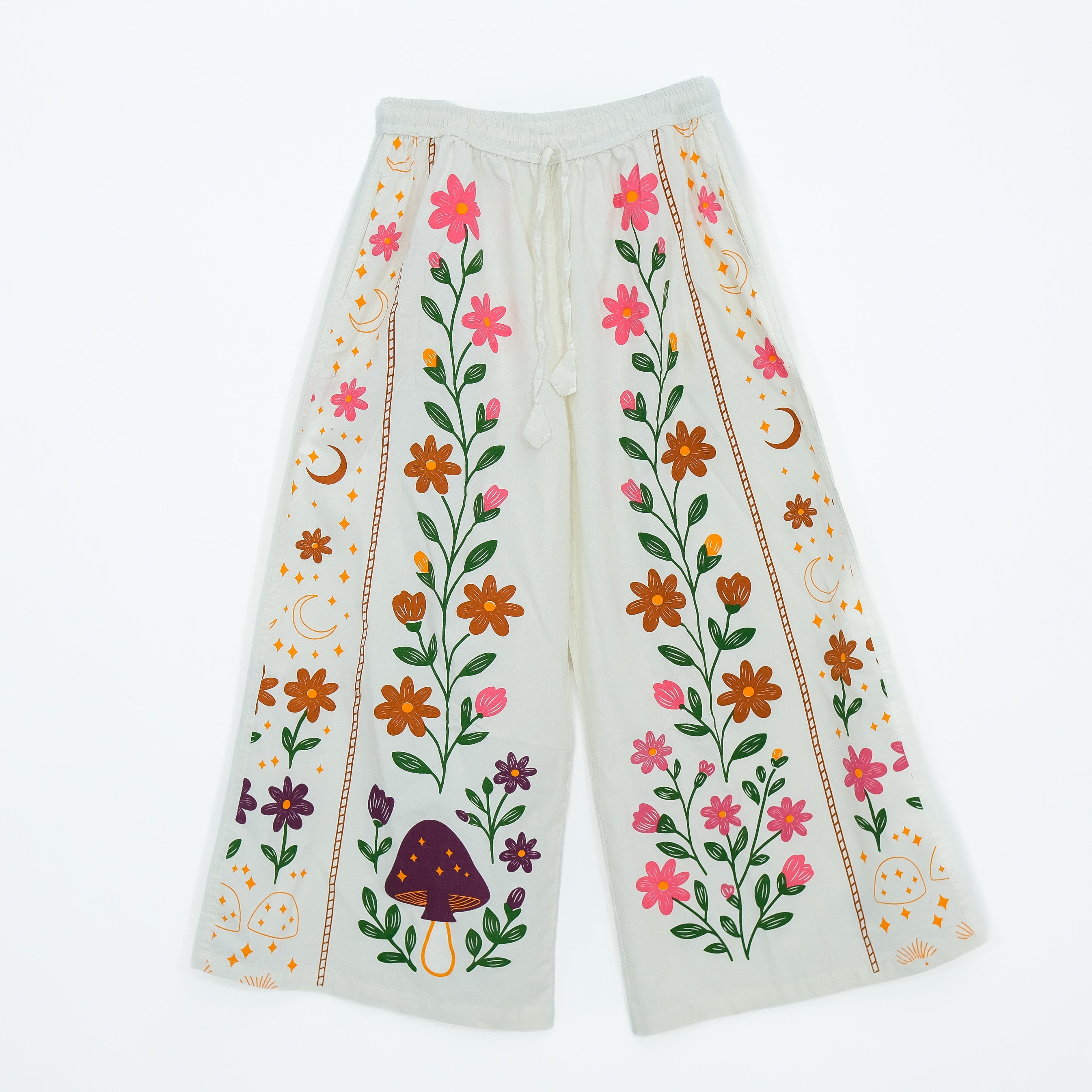 Celestial Bloom Wide-Leg Pants | Hand-Painted Boho Cotton Pants