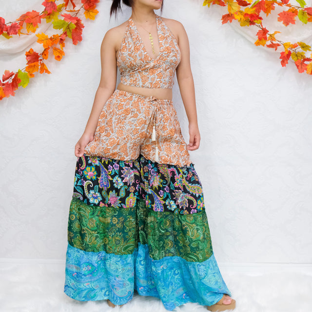 Patchwork Flowy Tiered Pant with Reversible Halter Top