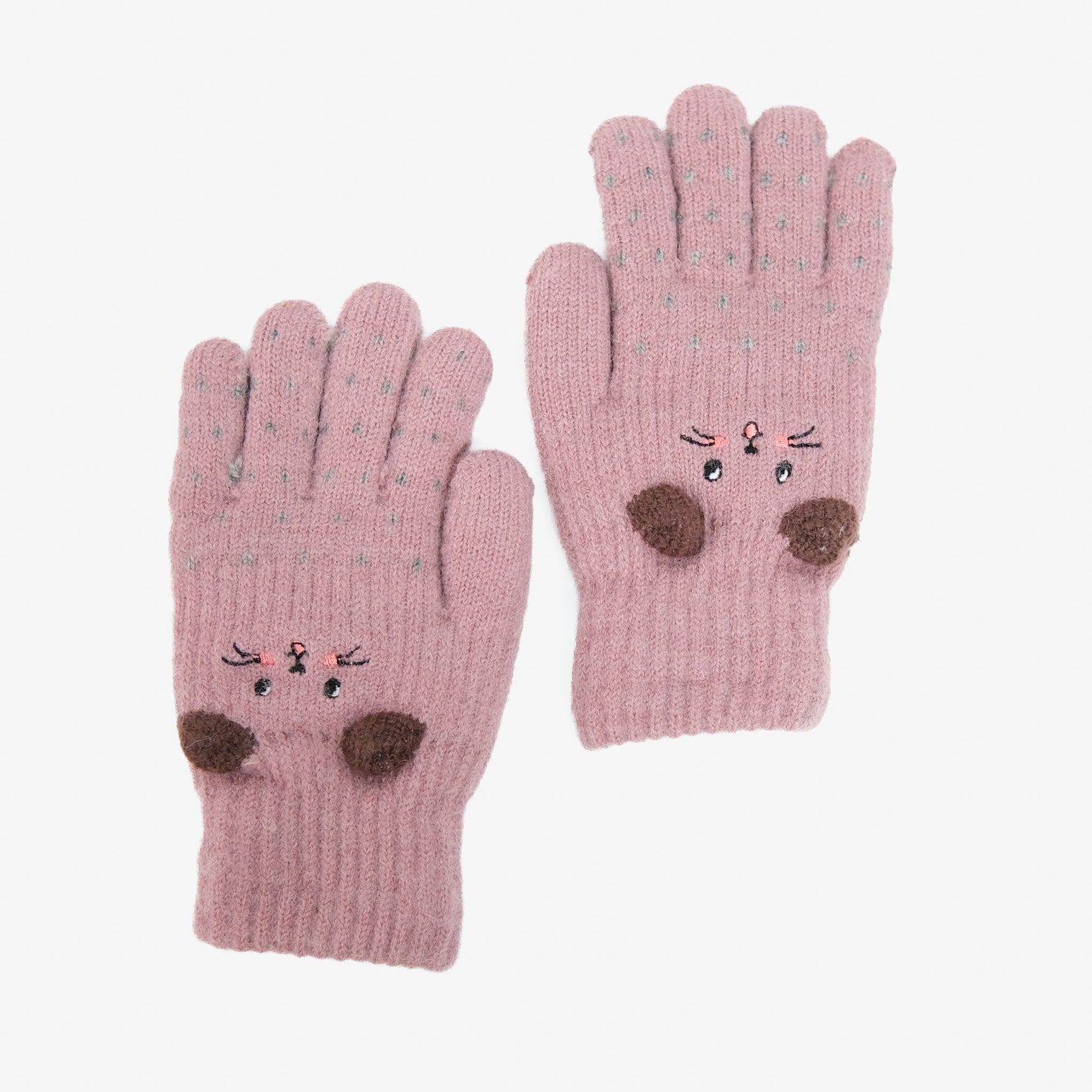 Kids Fleece Lined Knit Cat Design Gloves