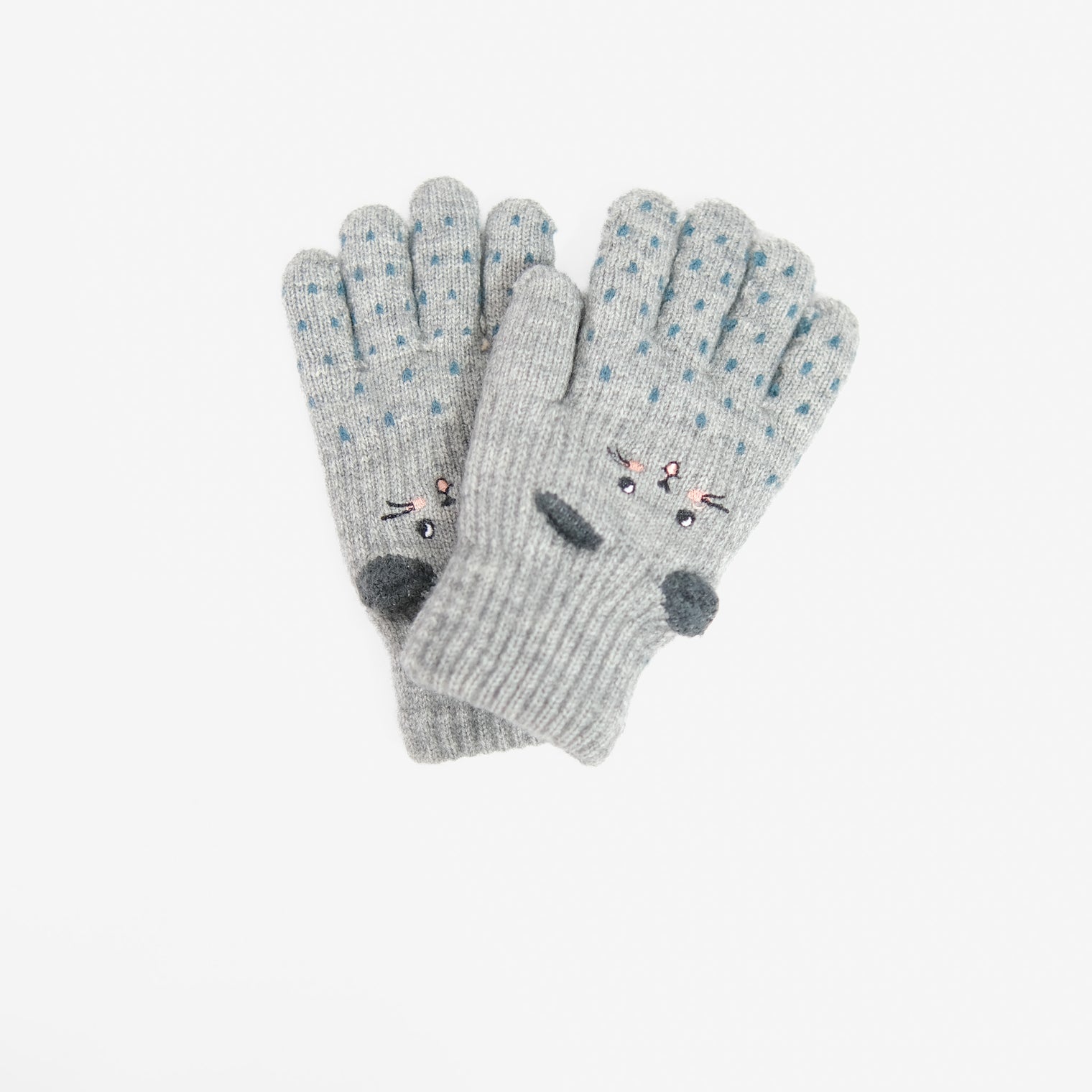 Kids Fleece Lined Knit Cat Design Gloves