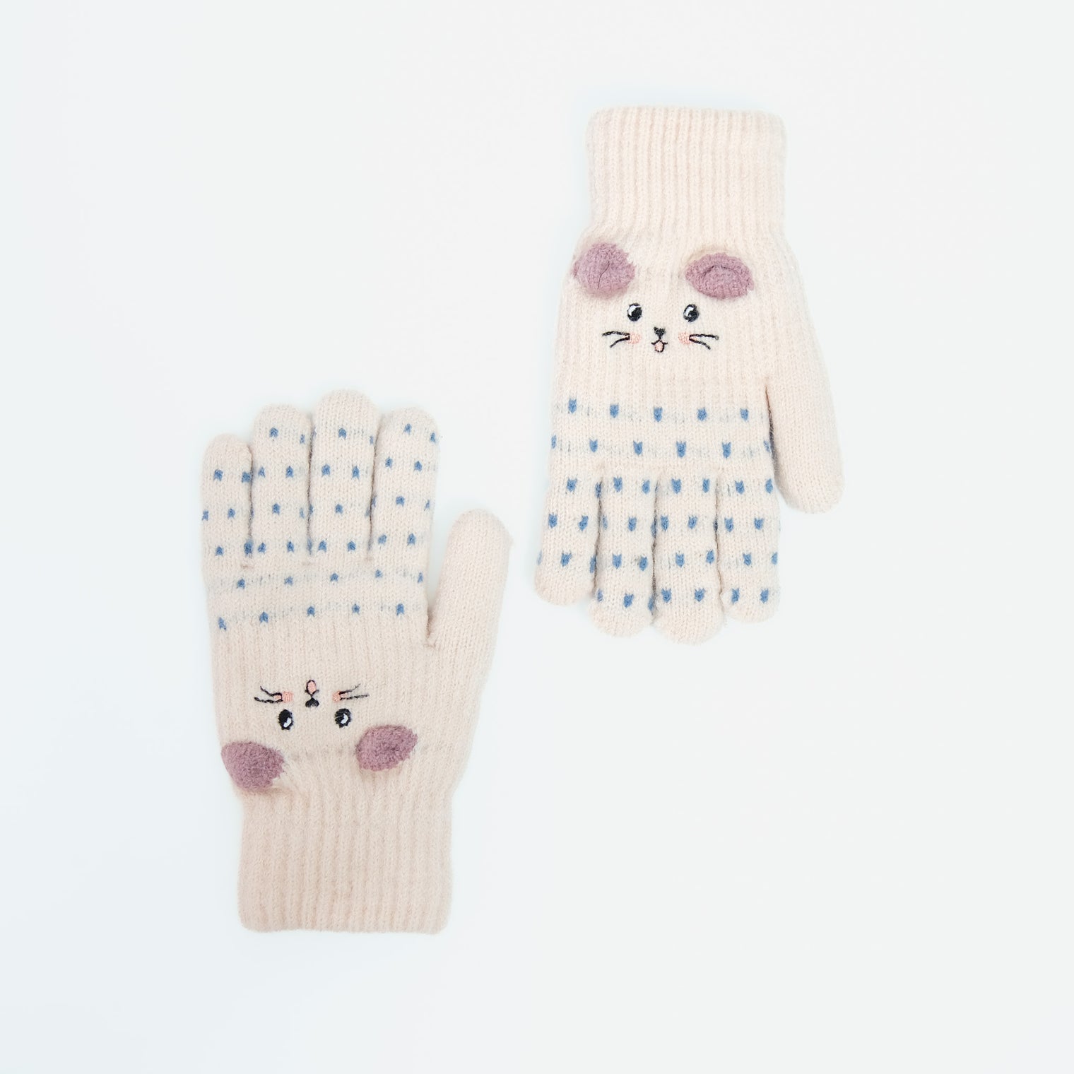 Kids Fleece Lined Knit Cat Design Gloves