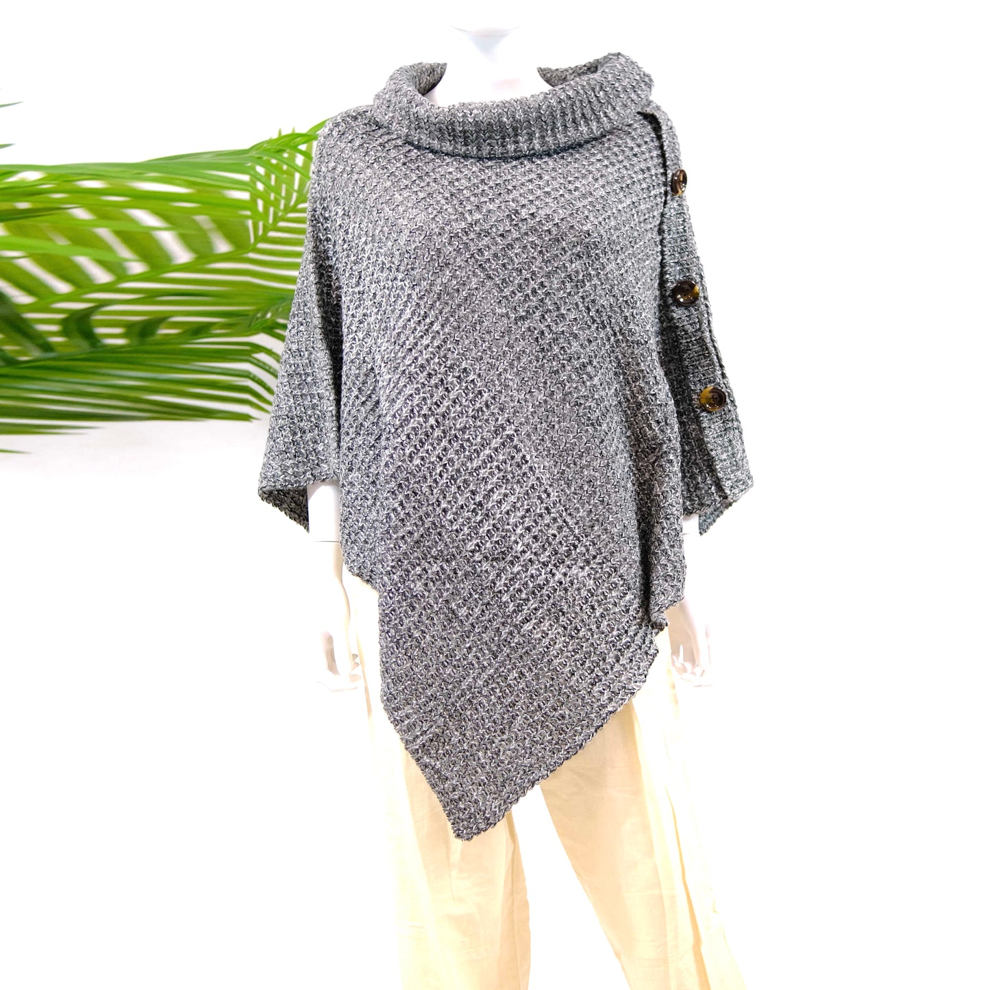Knitted Turtle Neck Side Button Two Way Winter Poncho/Wrap