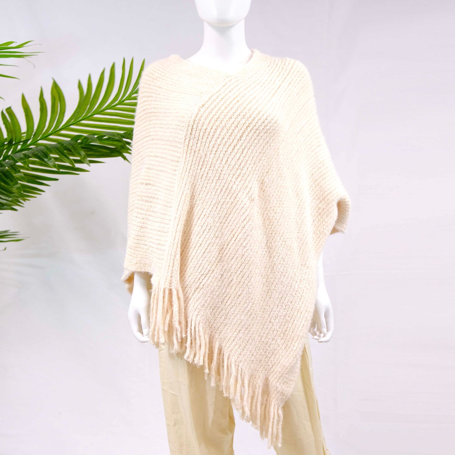 Hand Knit V Neck Winter Ponchos with Fringe