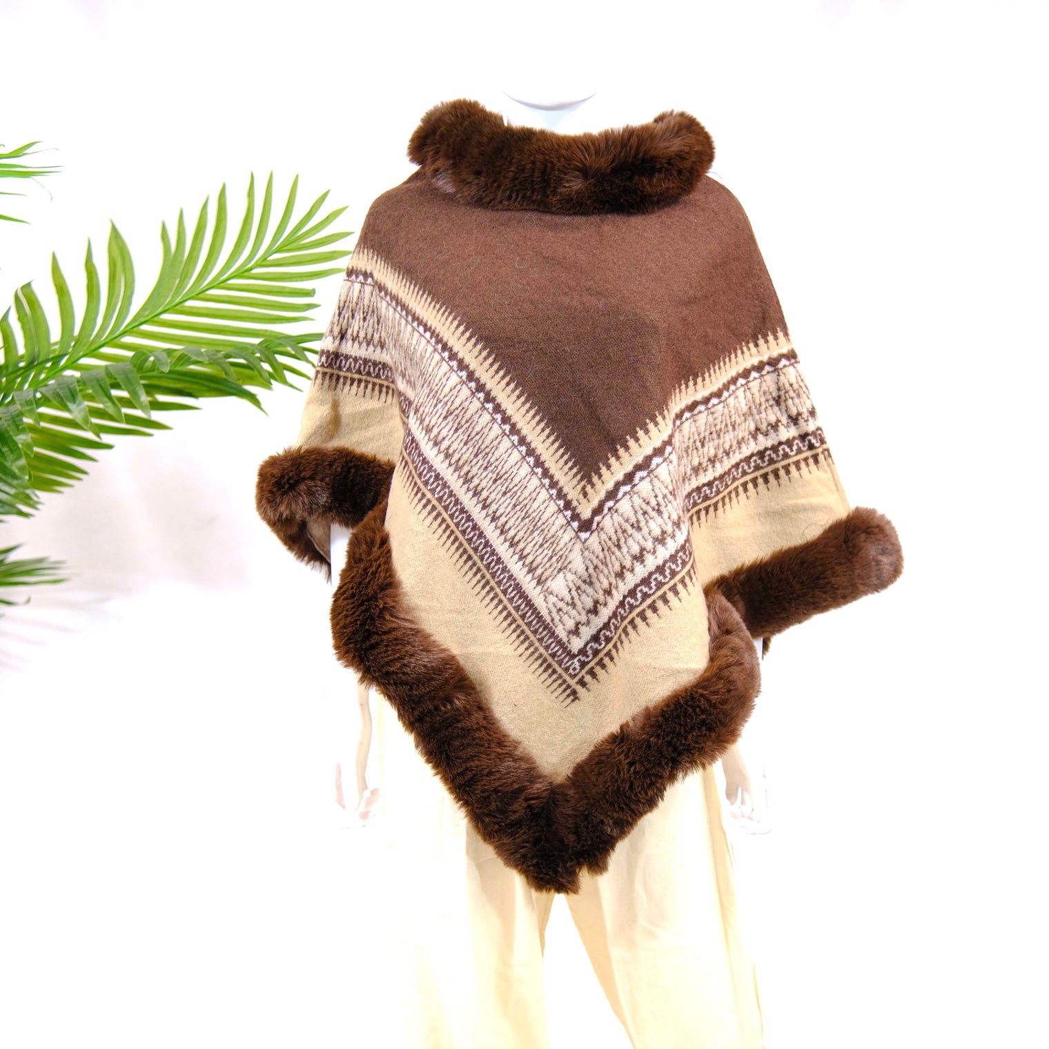 Wool Blend Oversized Warm Faux Fur Poncho