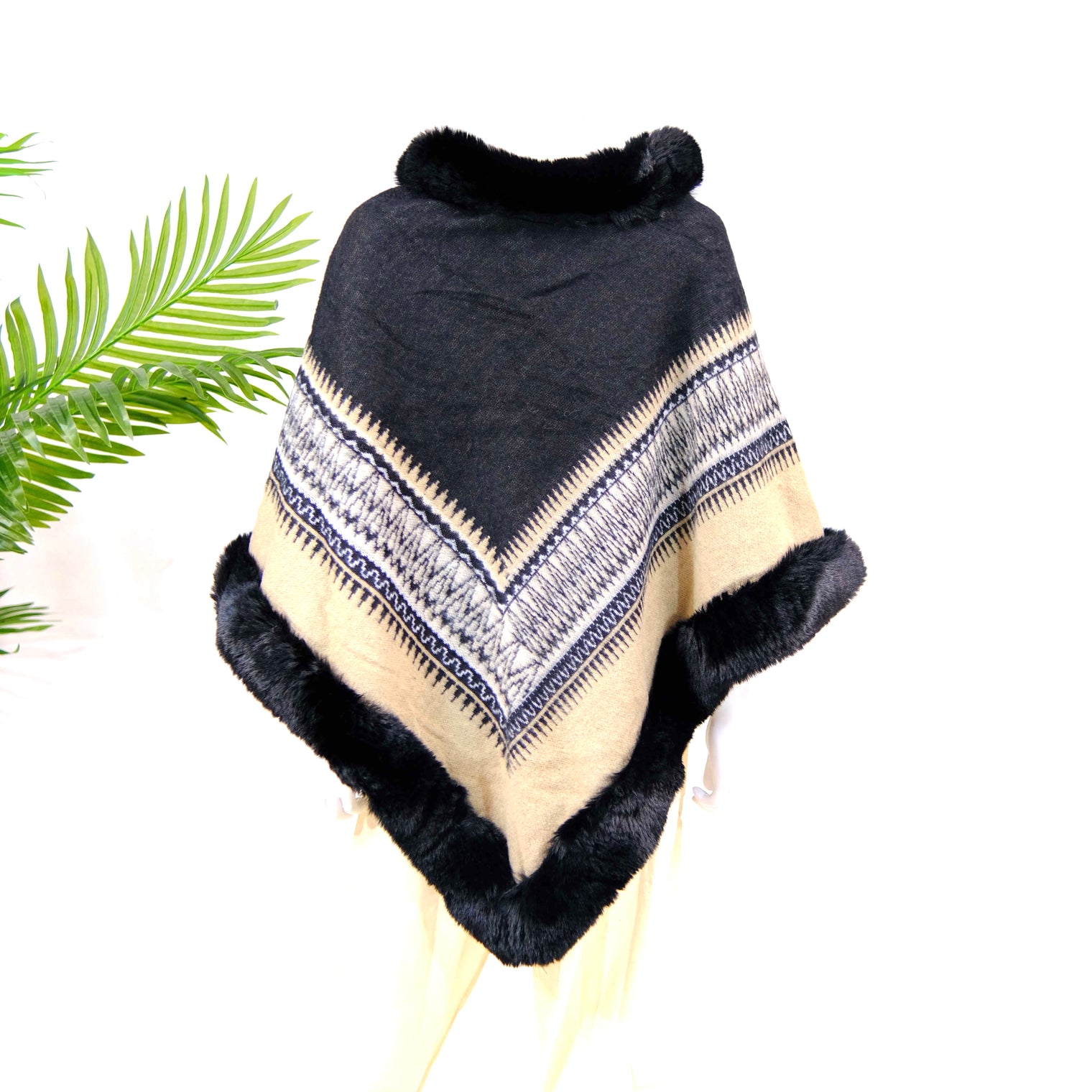 Wool Blend Oversized Warm Faux Fur Poncho