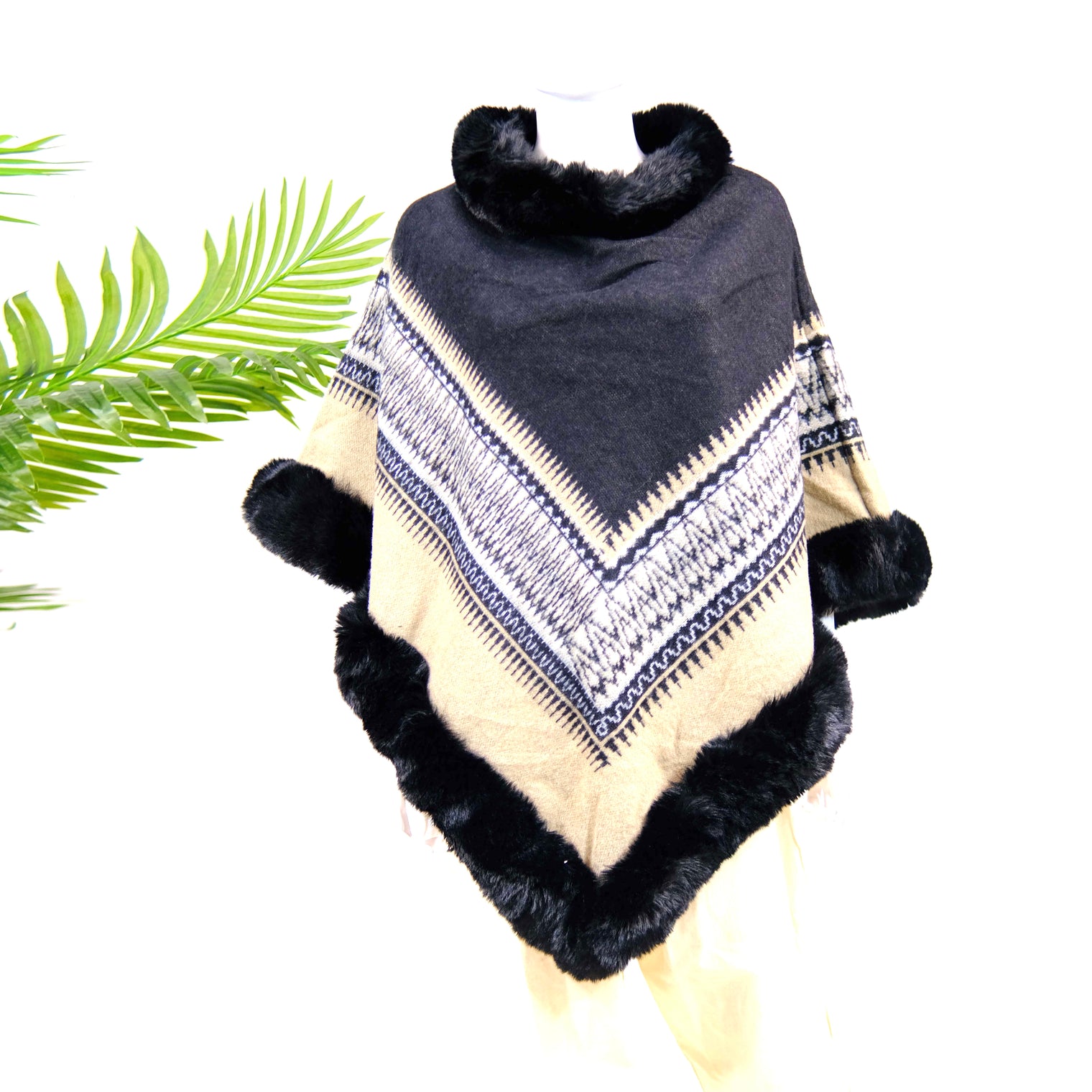 Wool Blend Oversized Warm Faux Fur Poncho