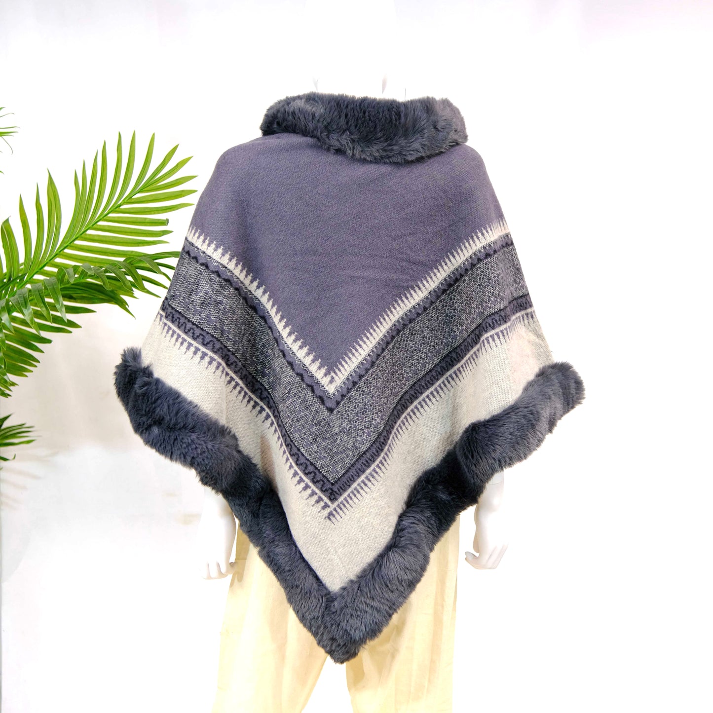 Wool Blend Oversized Warm Faux Fur Poncho