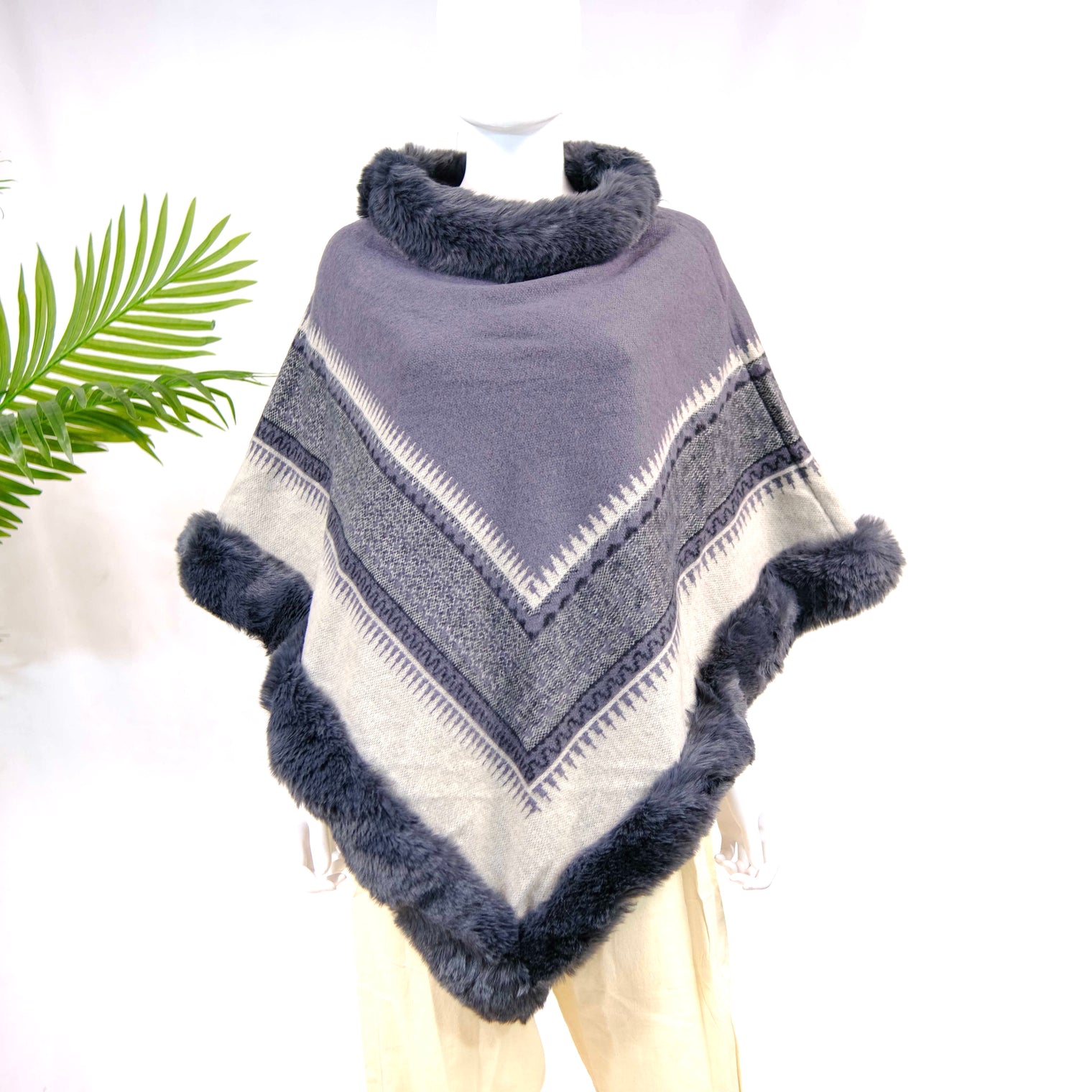 Wool Blend Oversized Warm Faux Fur Poncho