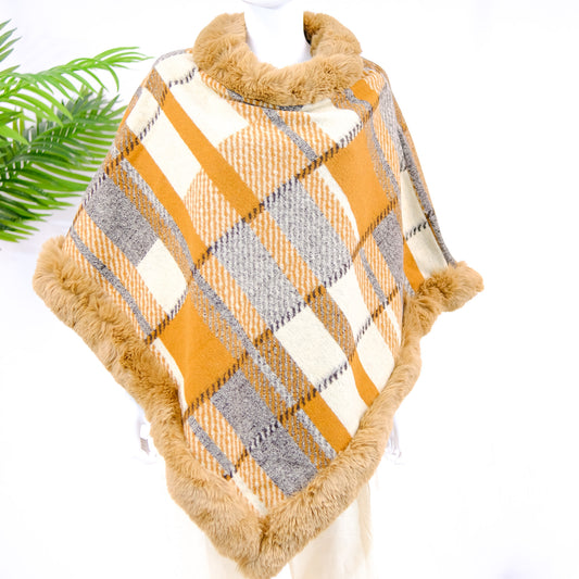 Plaid Style Cowl Neck Winter Ponchos