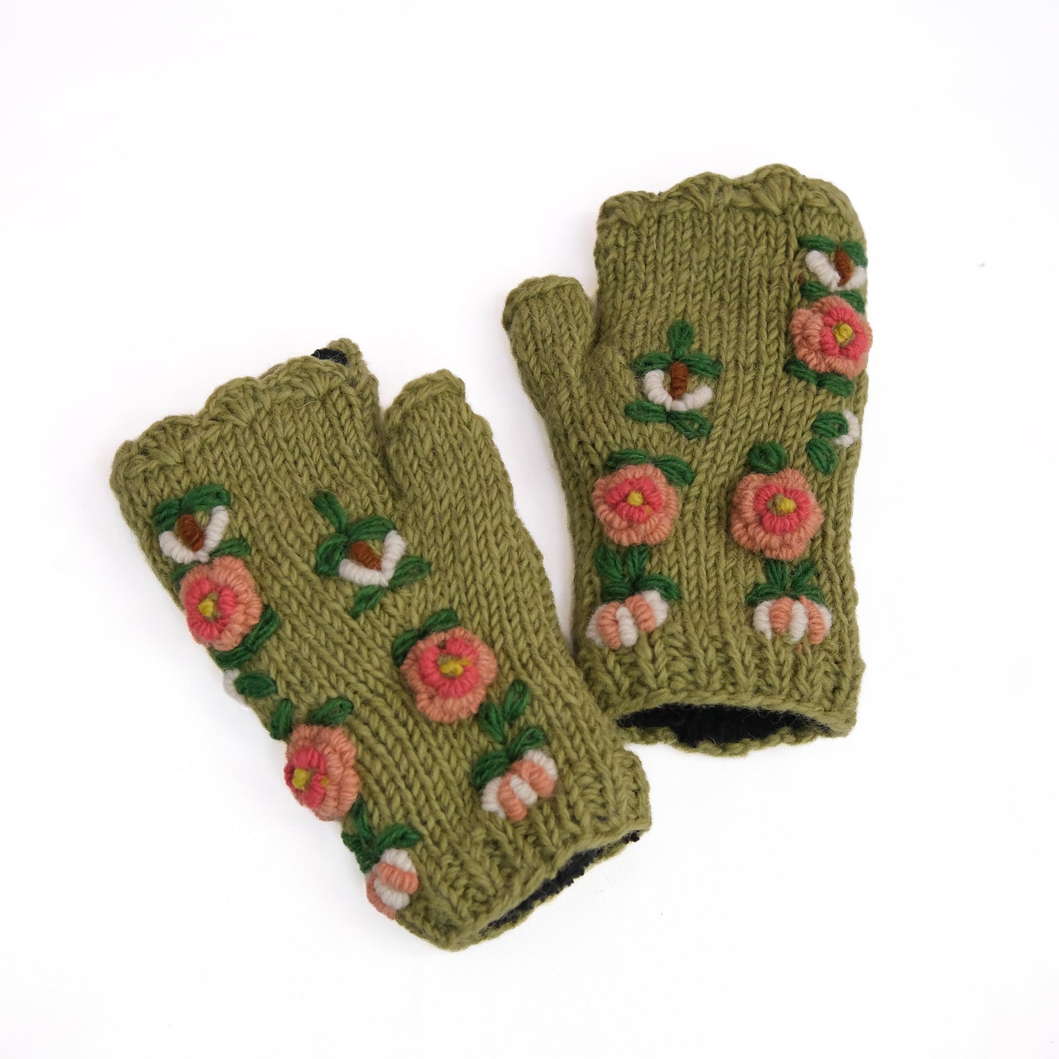 Hand Knit Flower Winter  Handwarmer with Fleece Lining