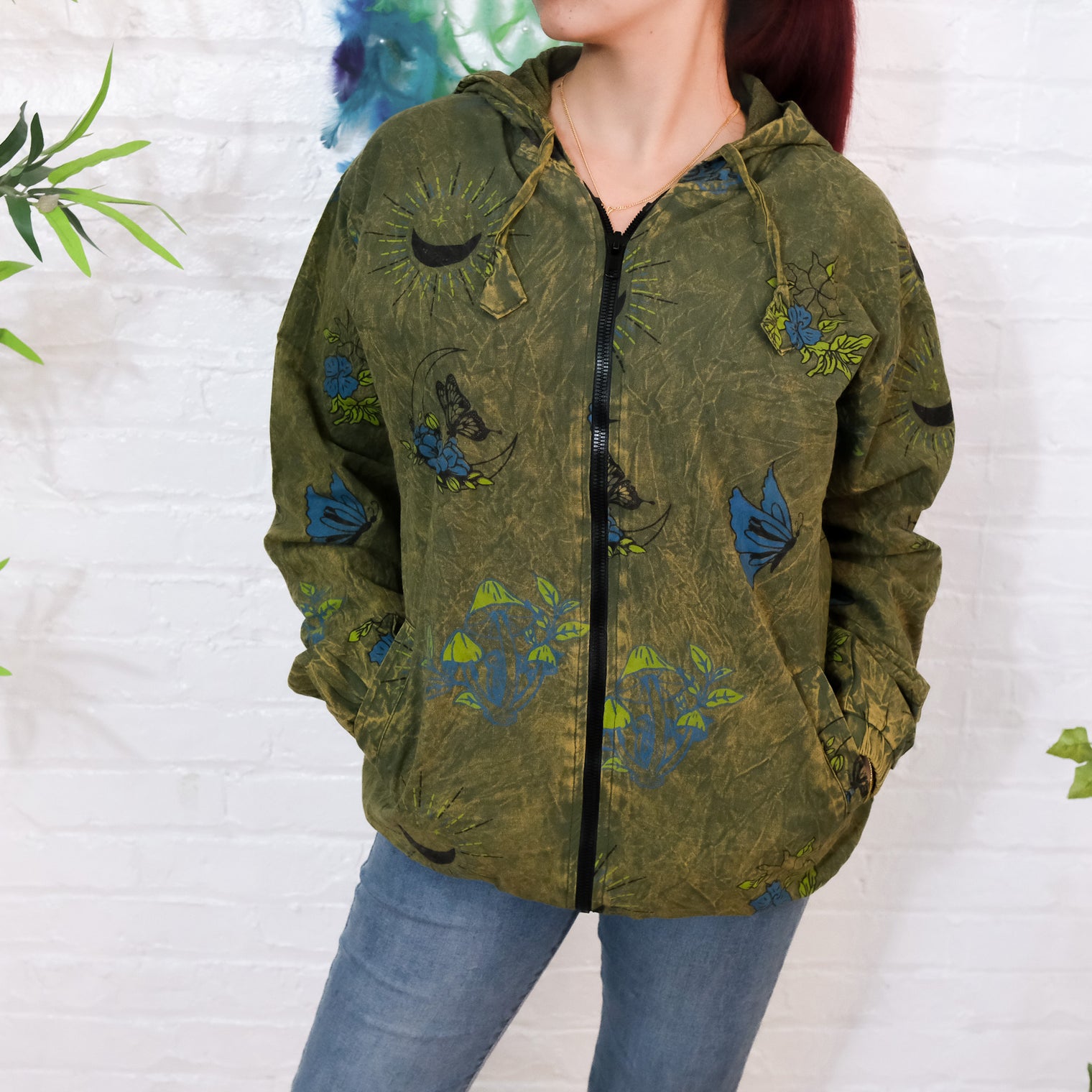 Whimsy Goth Oversized Zippered Jacket with Hoodie