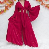 Velvet Dream Tiered Flowy Pants with Ruffle Wrap Top