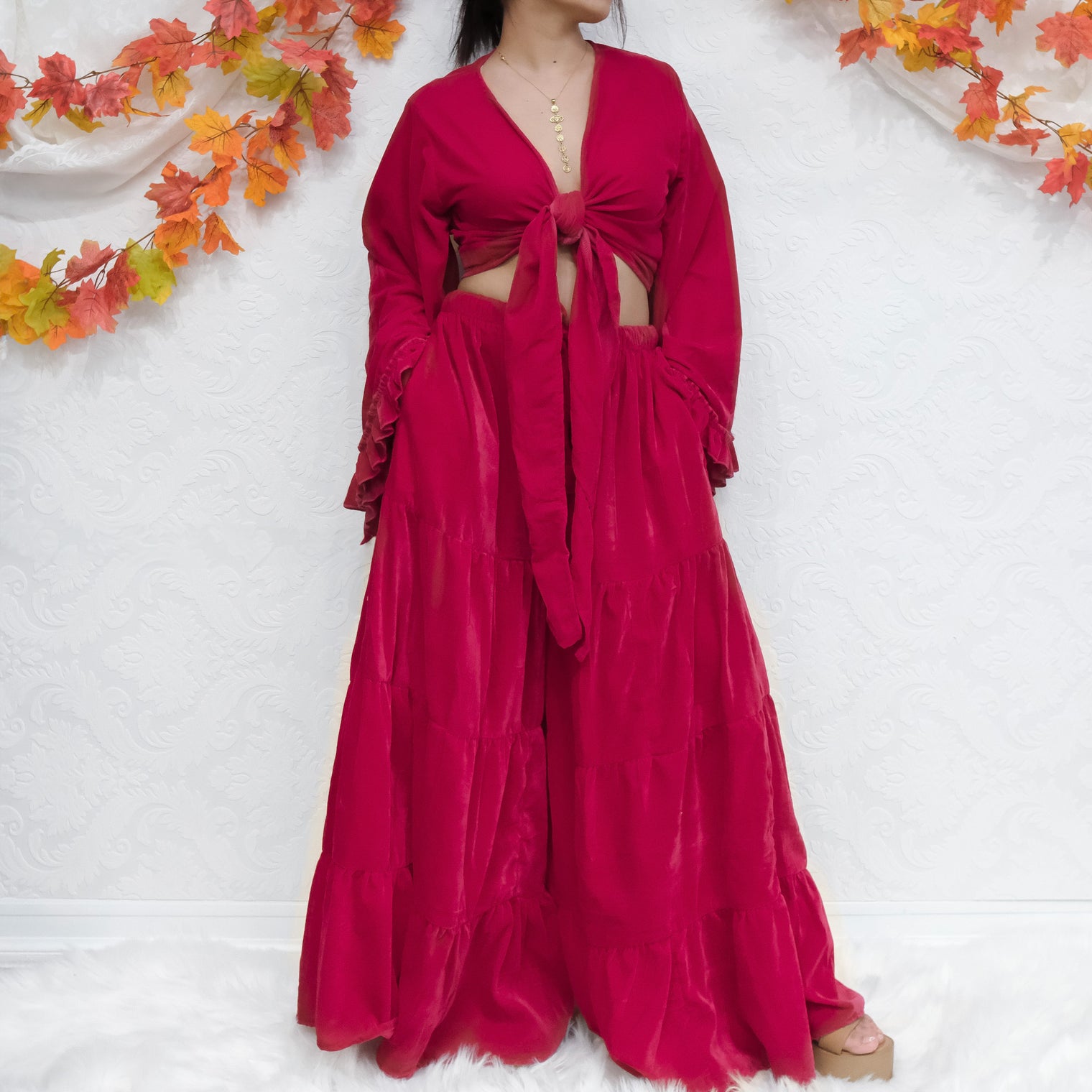 Velvet Dream Tiered Flowy Pants with Ruffle Wrap Top