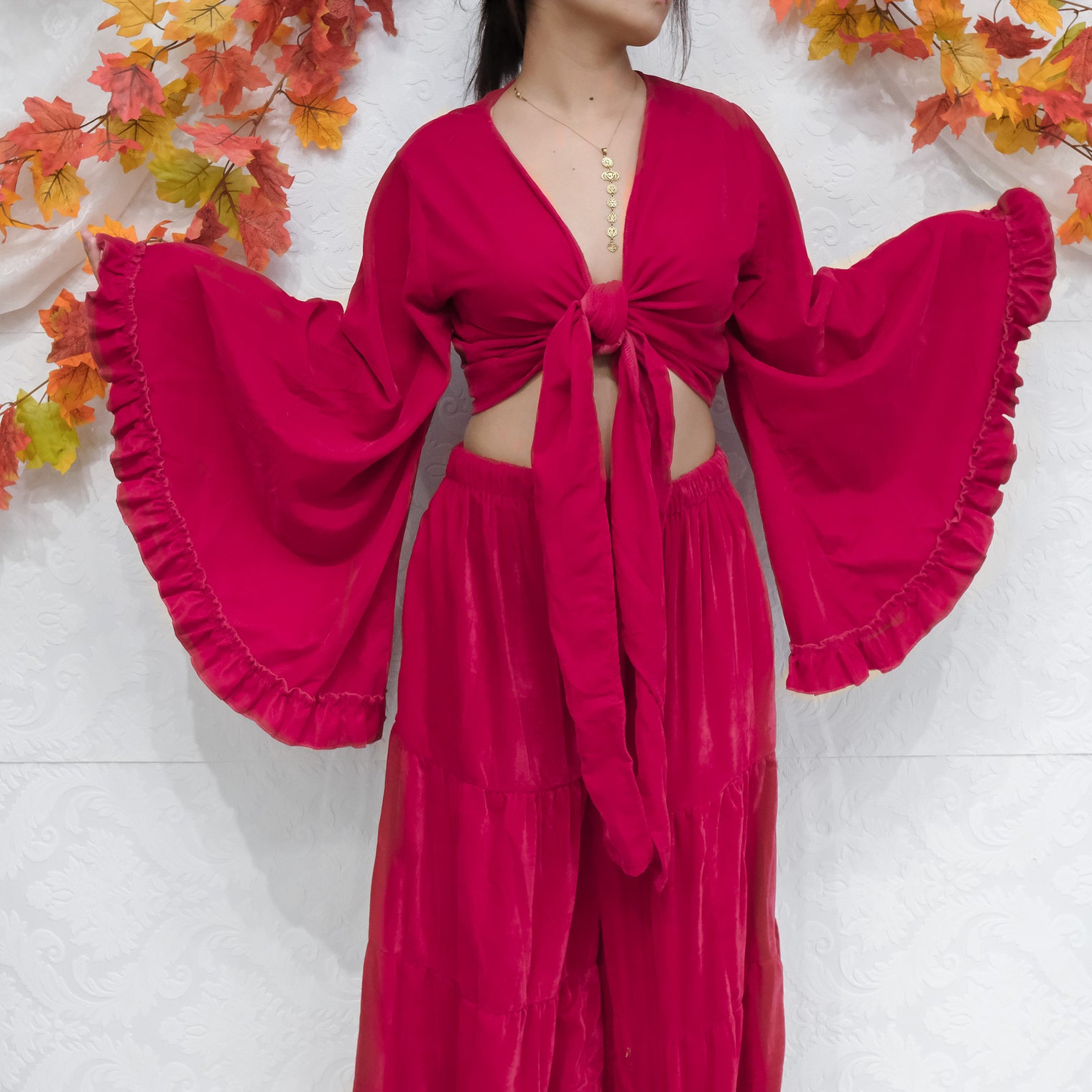 Velvet Boho Wrap Top with Ruffle Sleeve