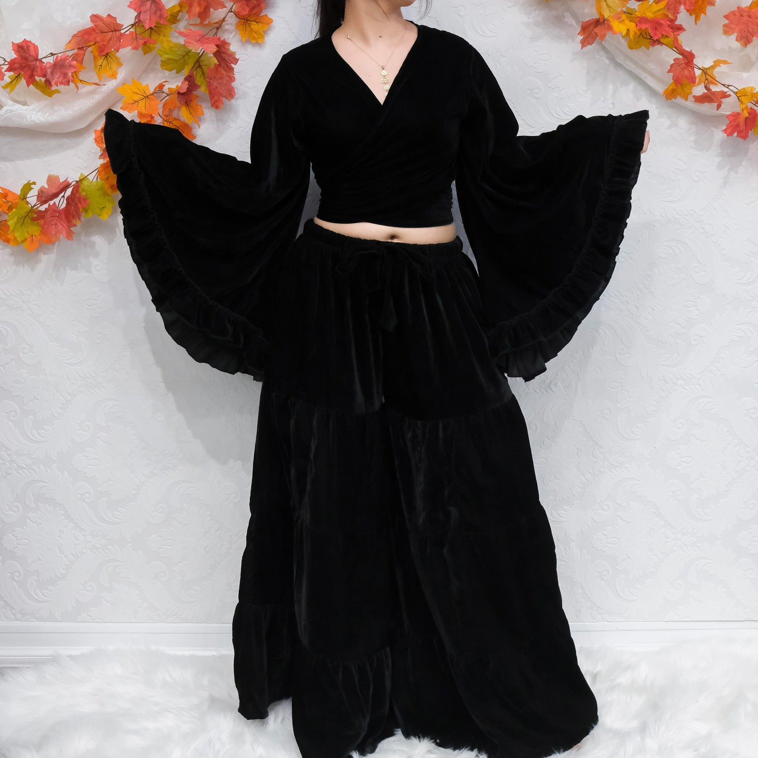 Velvet Dream Tiered Flowy Pants with Ruffle Wrap Top