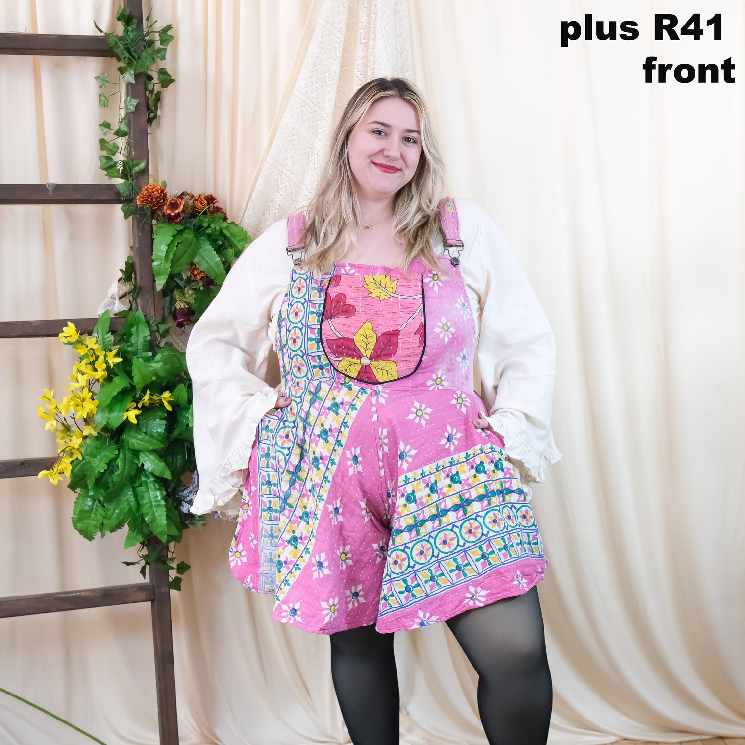 Kantha Bloom Plus Size Romper with Pockets