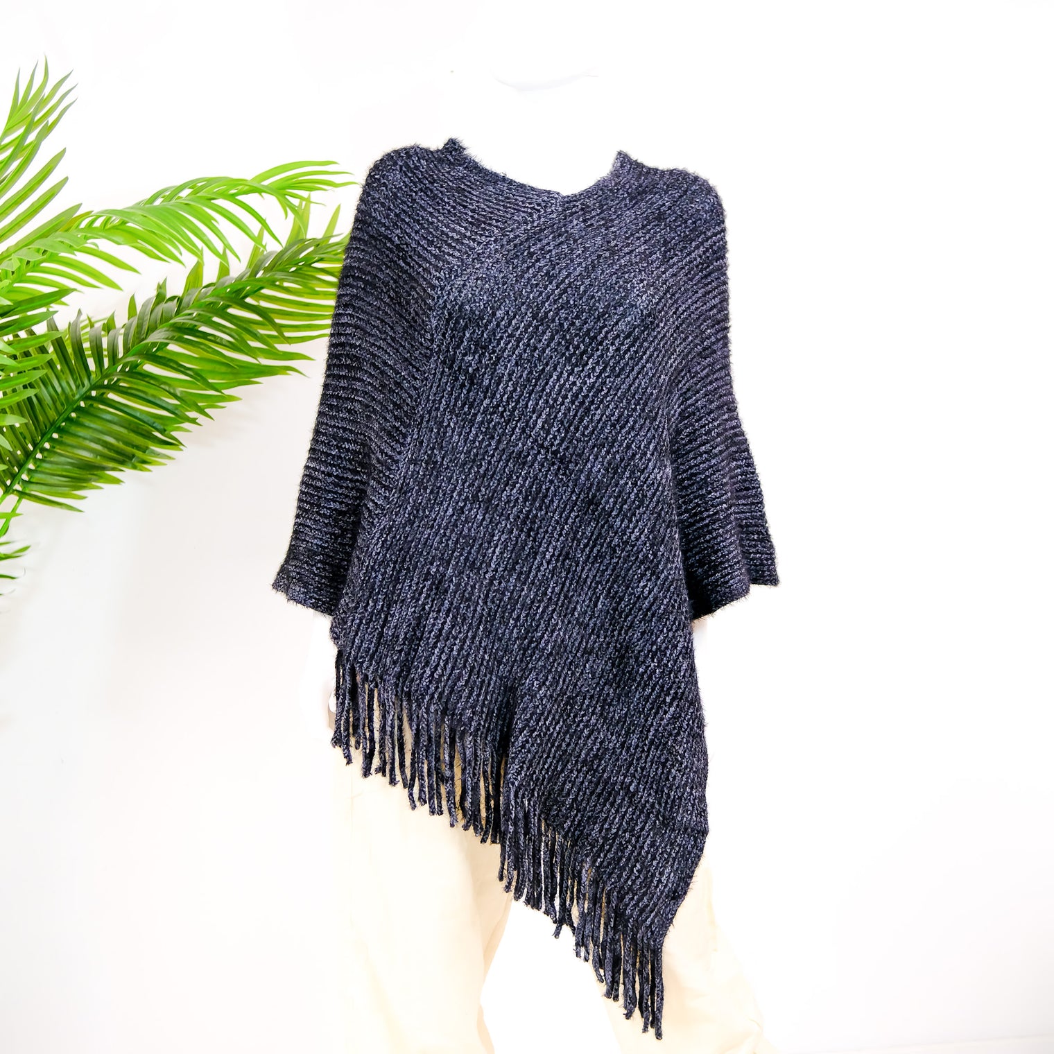 Hand Knit V Neck Winter Ponchos with Fringe